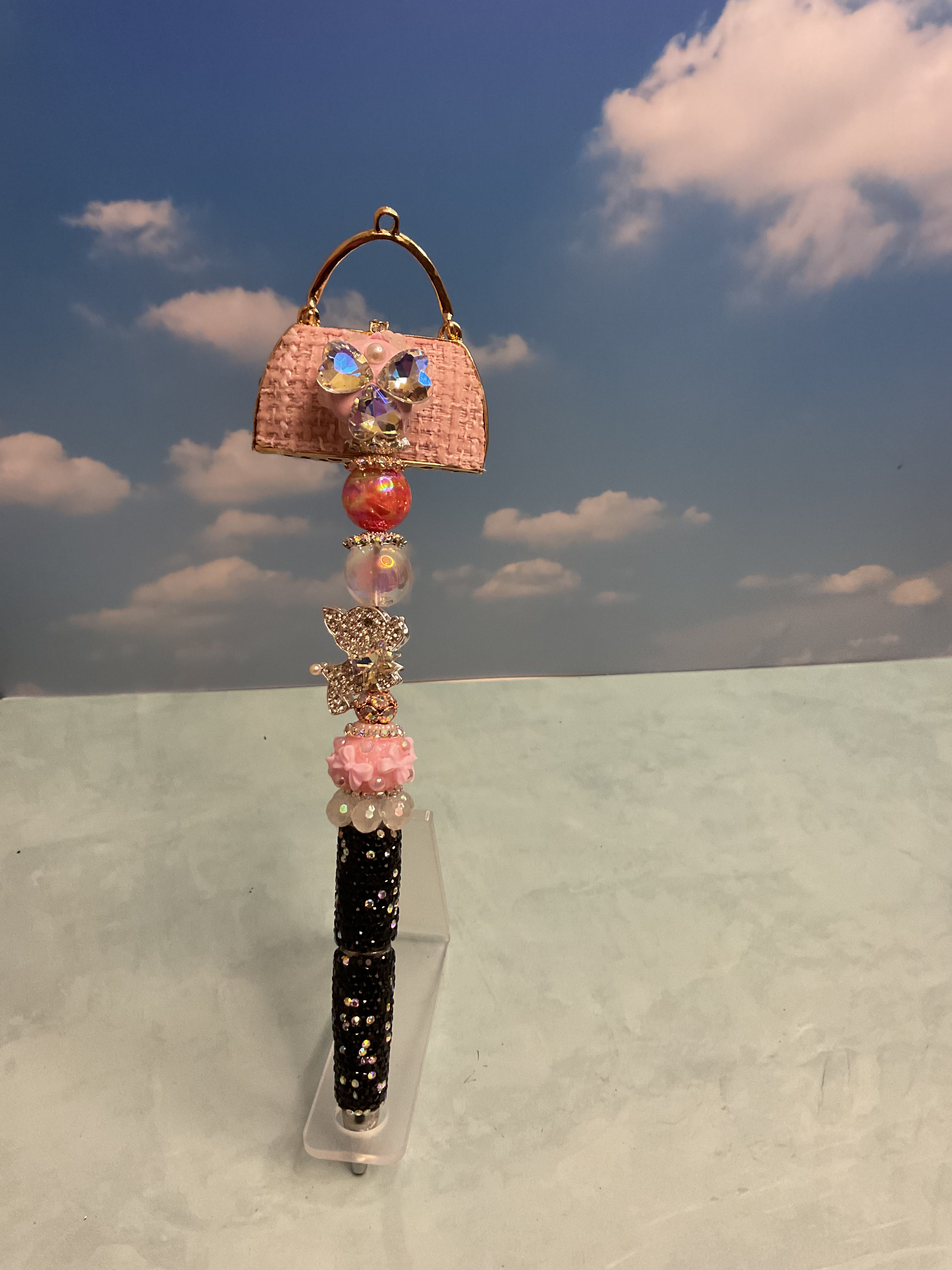 Handmade Decorative Ballpoint Pen, Handbag Topper, Beads, Plastic, Black Ink