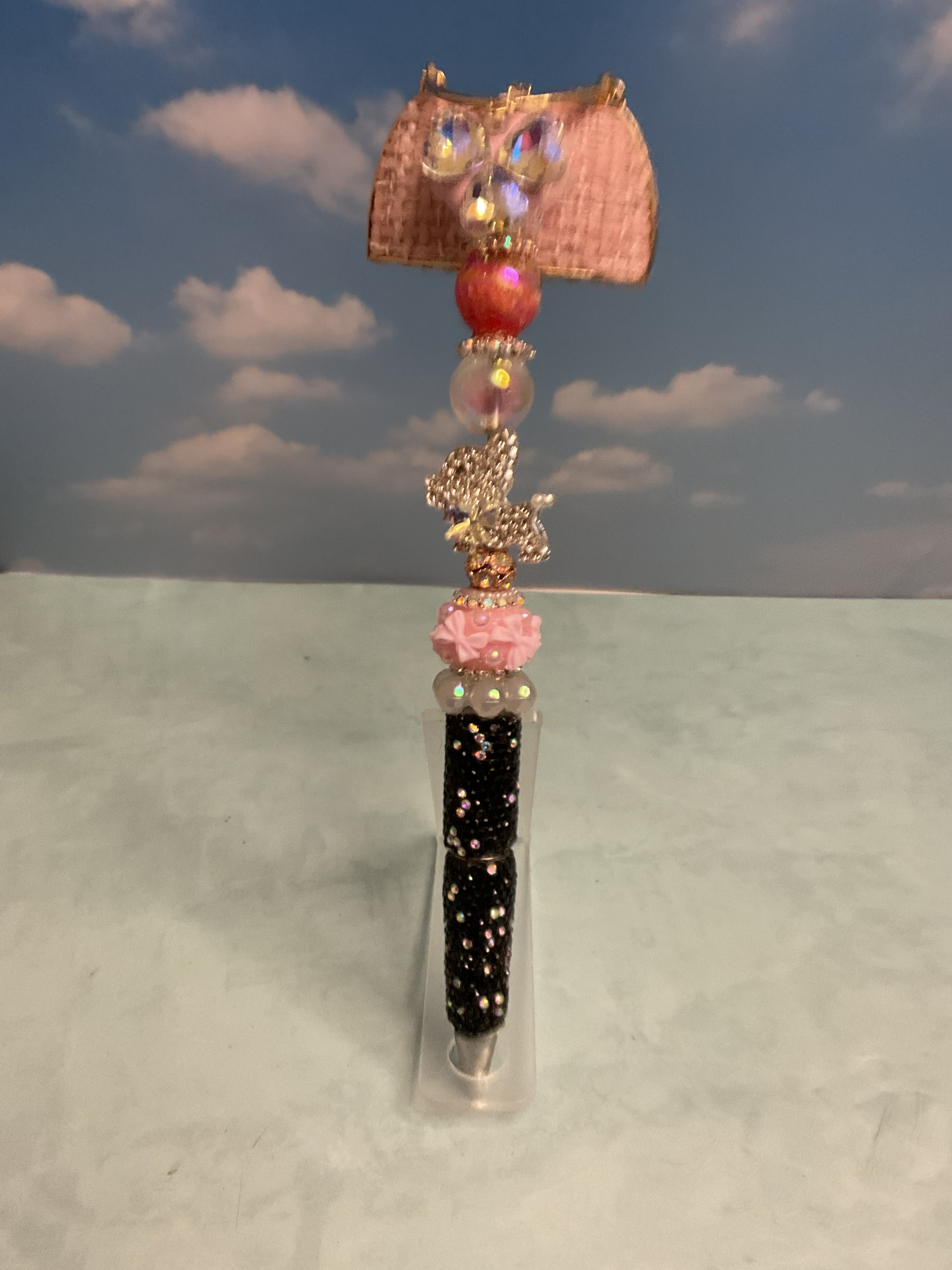 Handmade Beaded Decorative Ballpoint Pen, Pink Purse Topper, Glitter, Black Ink