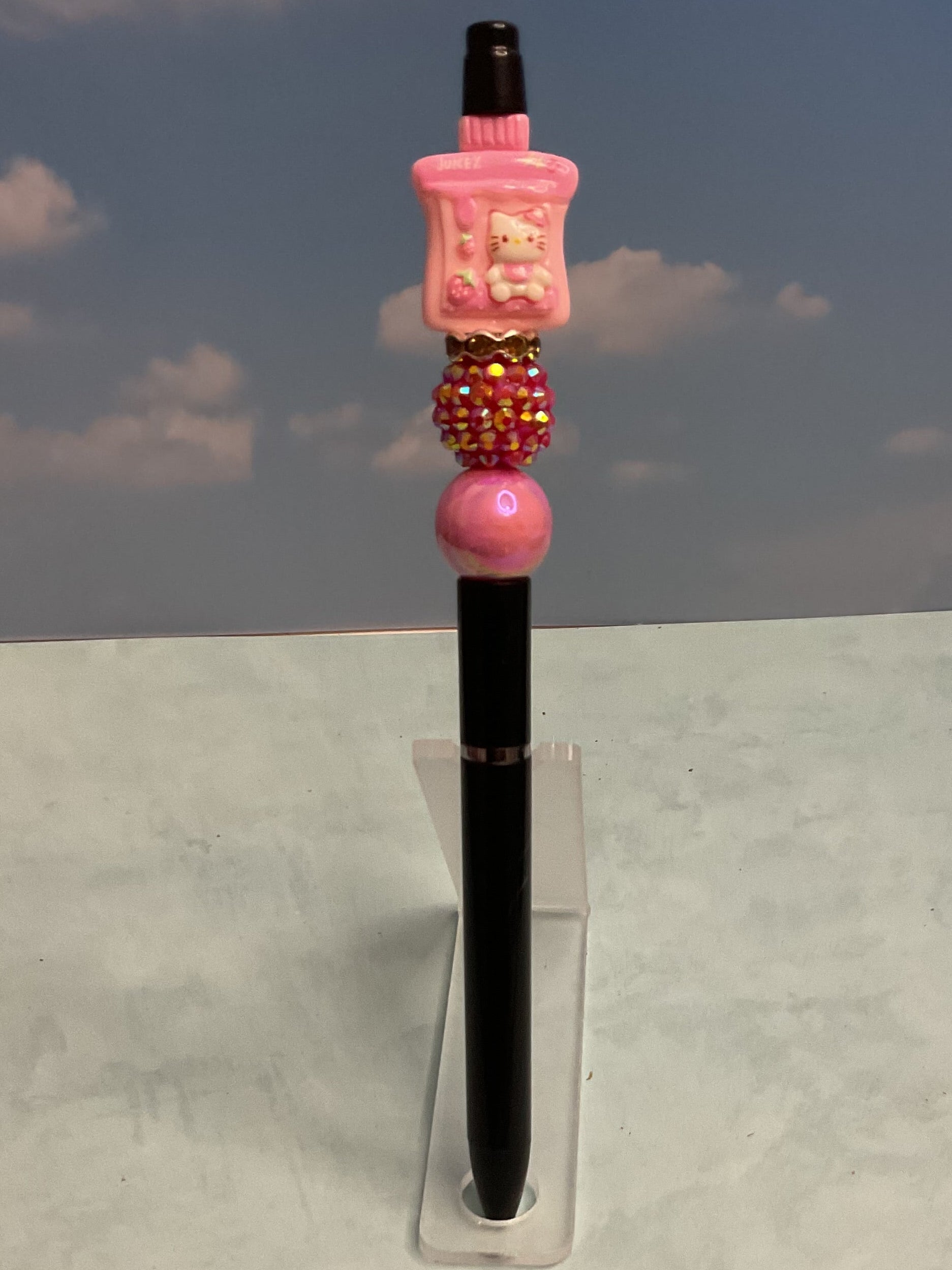 Decorative Beaded Topper Ballpoint Pen Plastic Black Ink Pink
