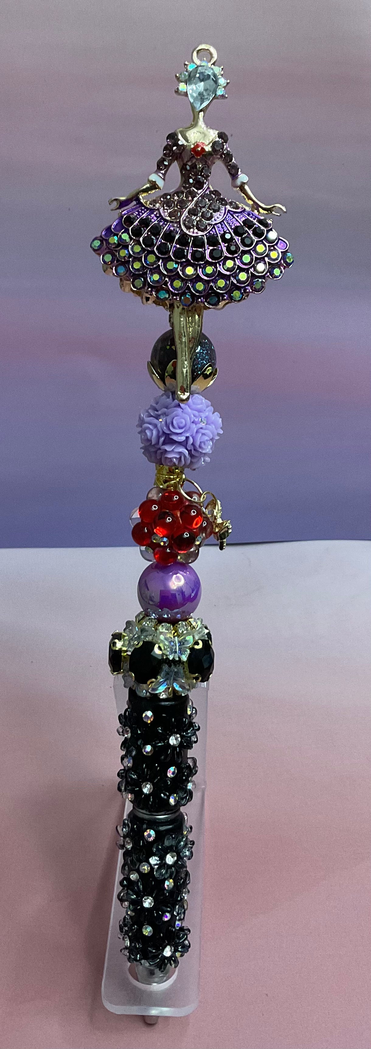 Decorative Beaded Rhinestone Topper Ballpoint Pen, Plastic, Black Ink, Purple