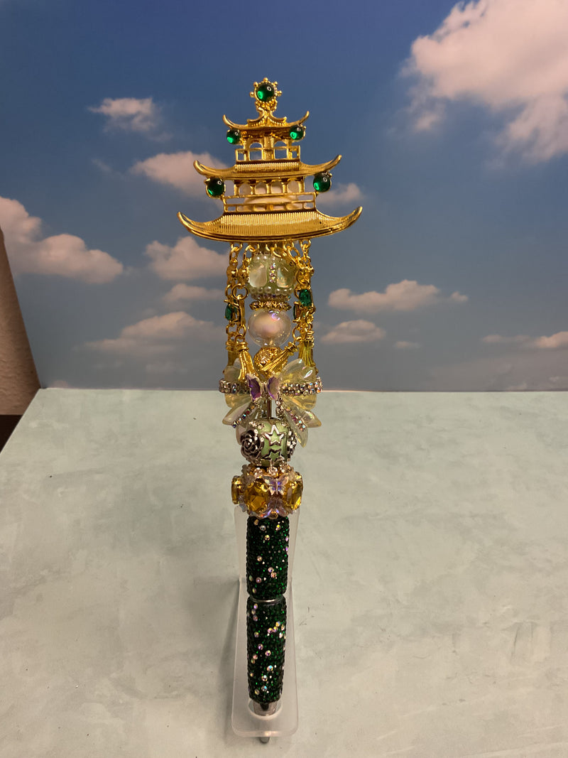 Handmade Decorative Ballpoint Pen, Jeweled Pagoda Topper, Green, Black Ink
