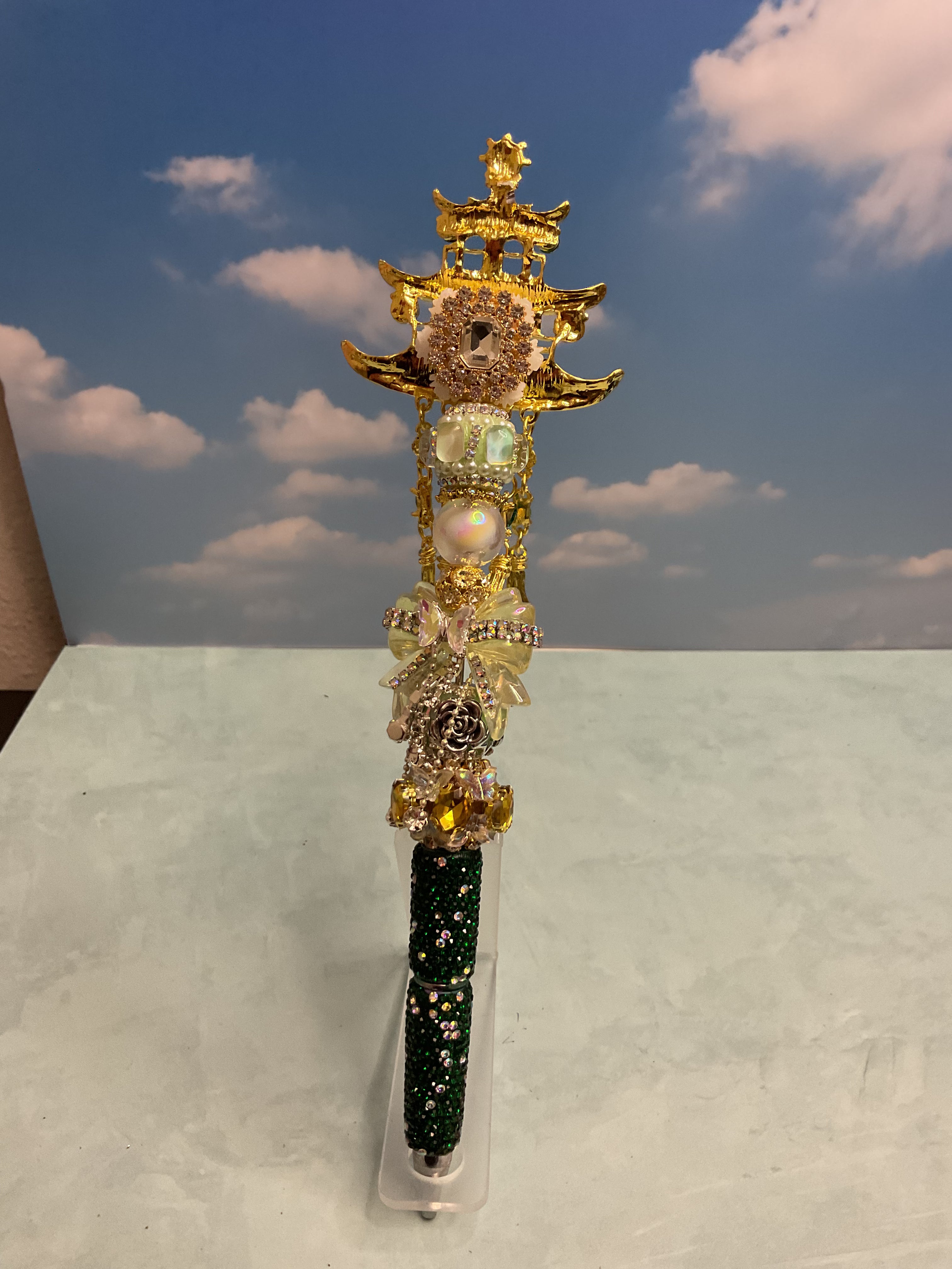 Handmade Decorative Ballpoint Pen, Jeweled Pagoda Topper, Green, Black Ink