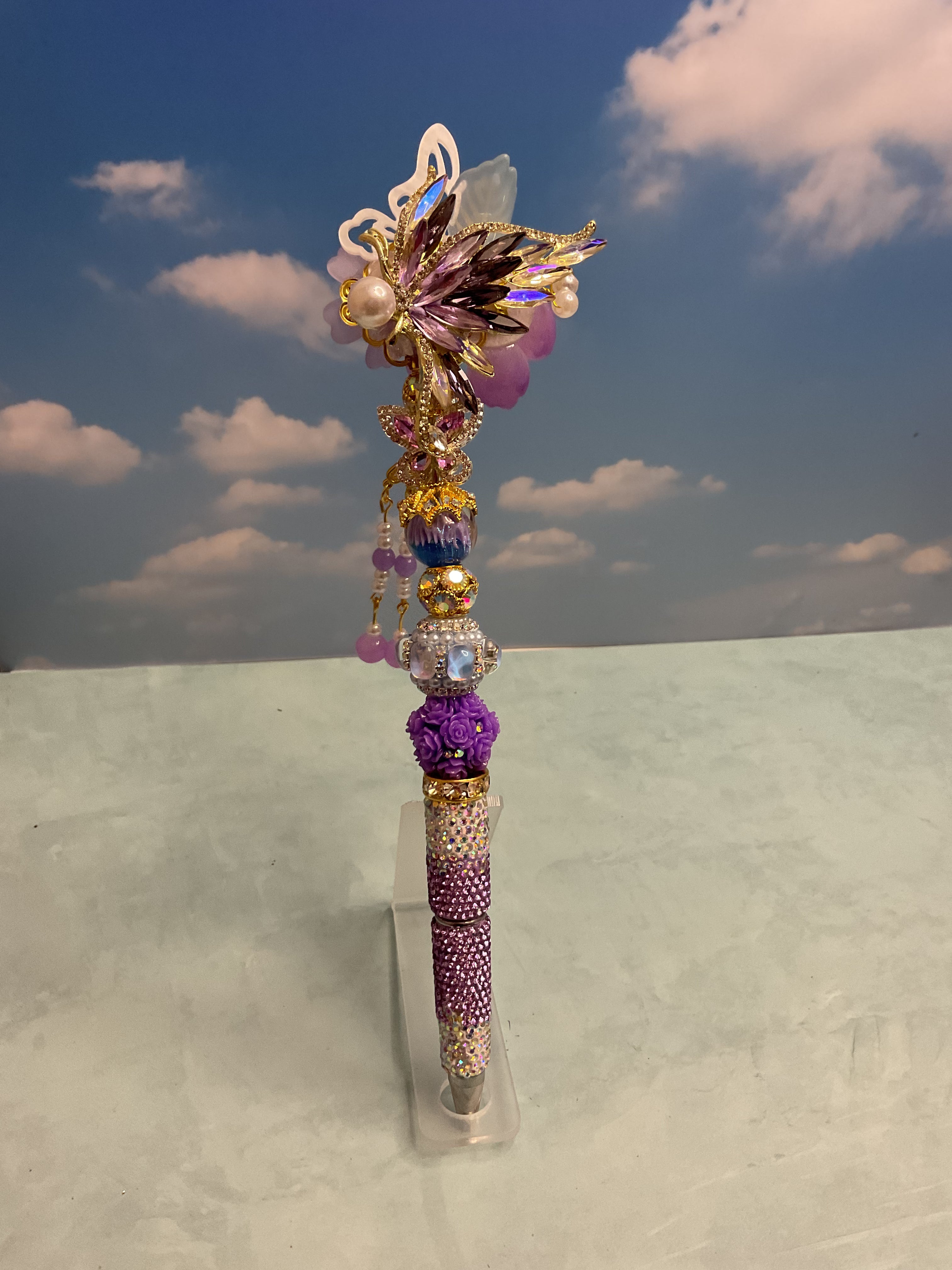 Handmade Decorative Ballpoint Pen, Floral Beads, Gold Trim, Black Ink