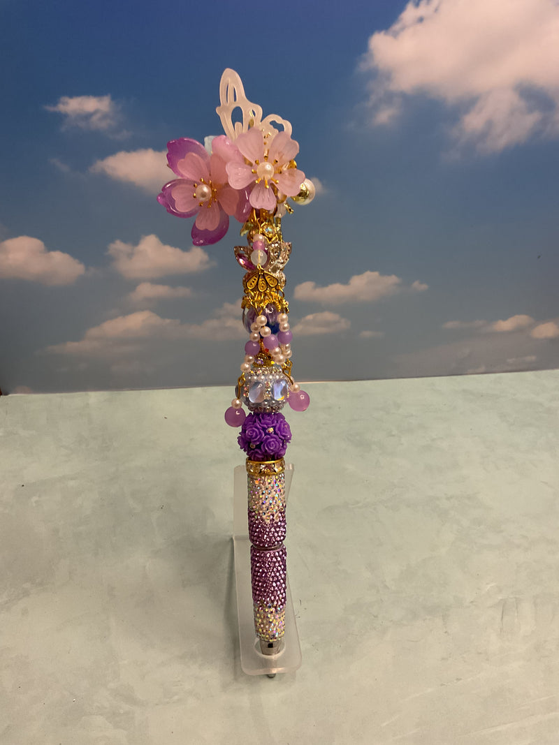 Handmade Decorative Ballpoint Pen, Floral Beads, Gold Trim, Black Ink