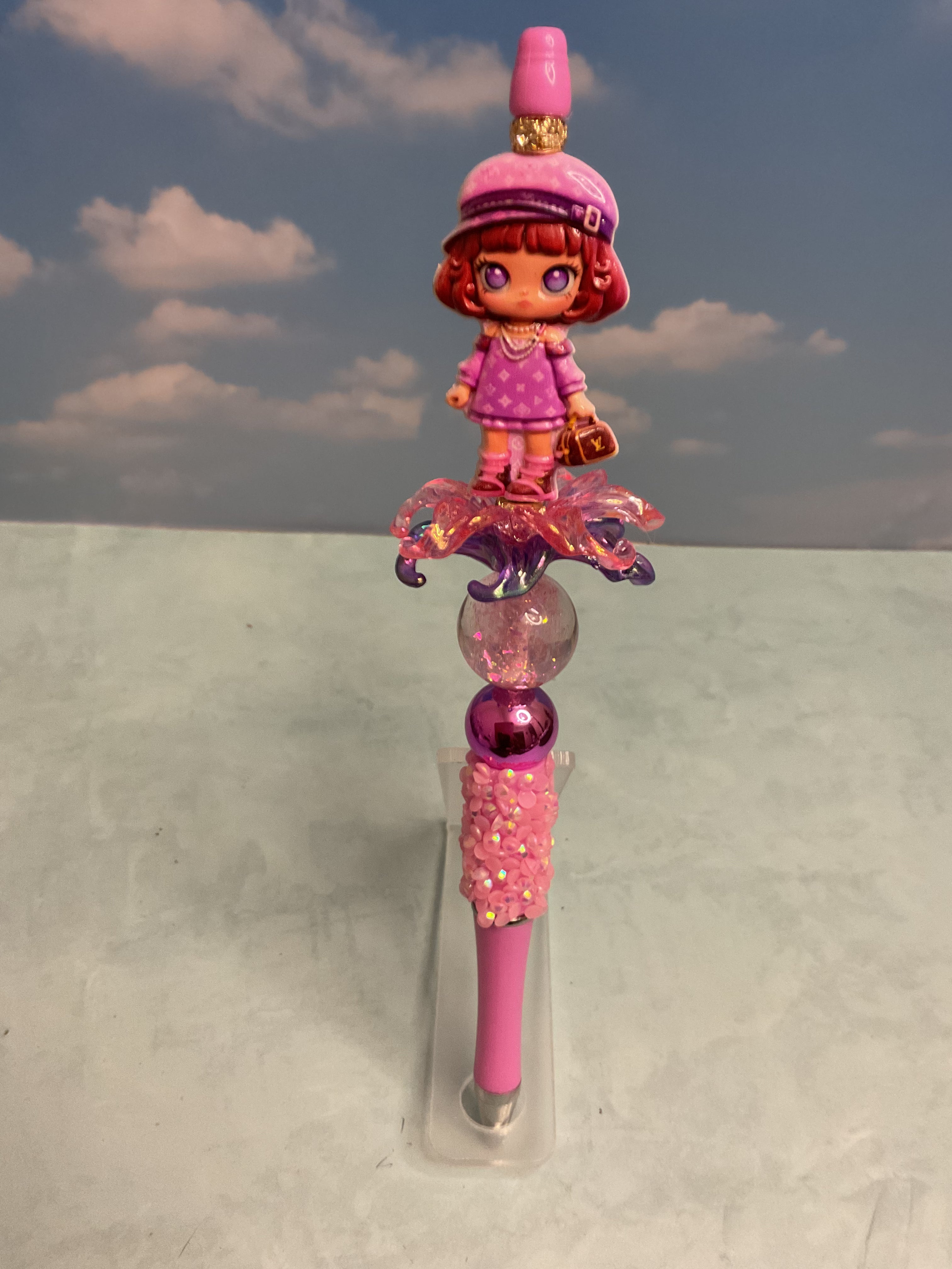 Pink Doll Figure Topper Ballpoint Pen, Plastic, Black Ink, Novelty Design