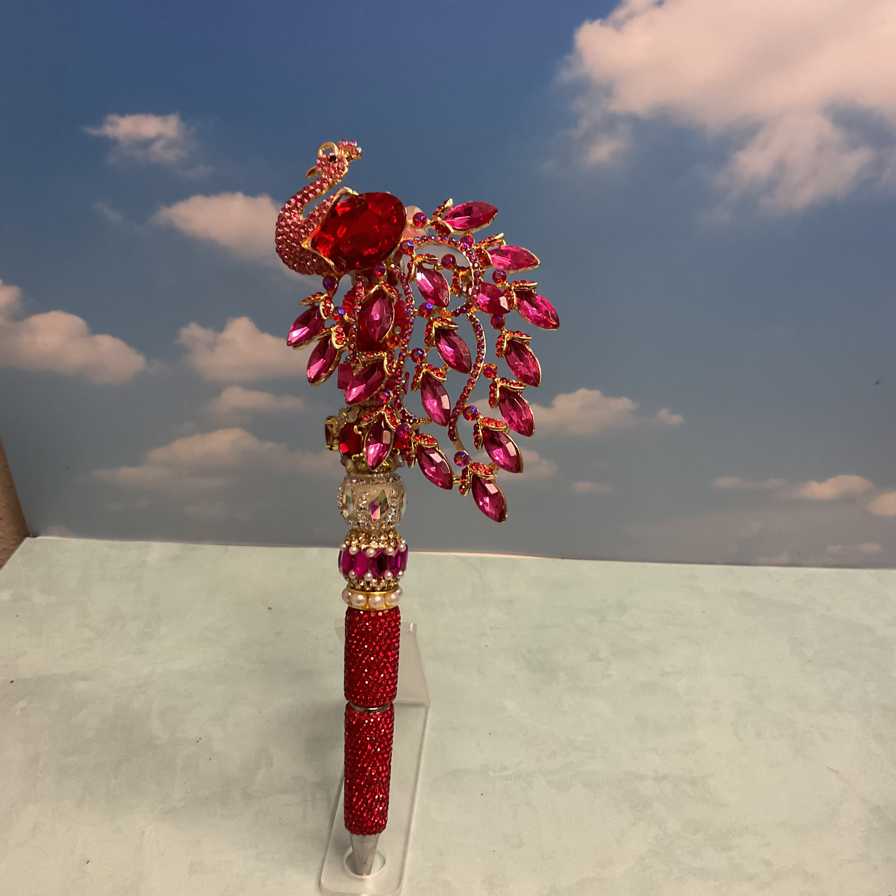 Peacock Rhinestone Topper Ballpoint Pen, Metal, Black Ink, Gold Trim, Red