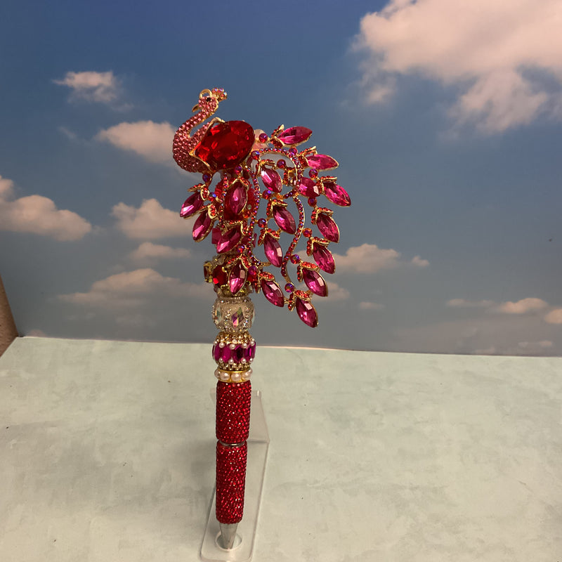 Peacock Rhinestone Topper Ballpoint Pen, Metal, Black Ink, Gold Trim, Red