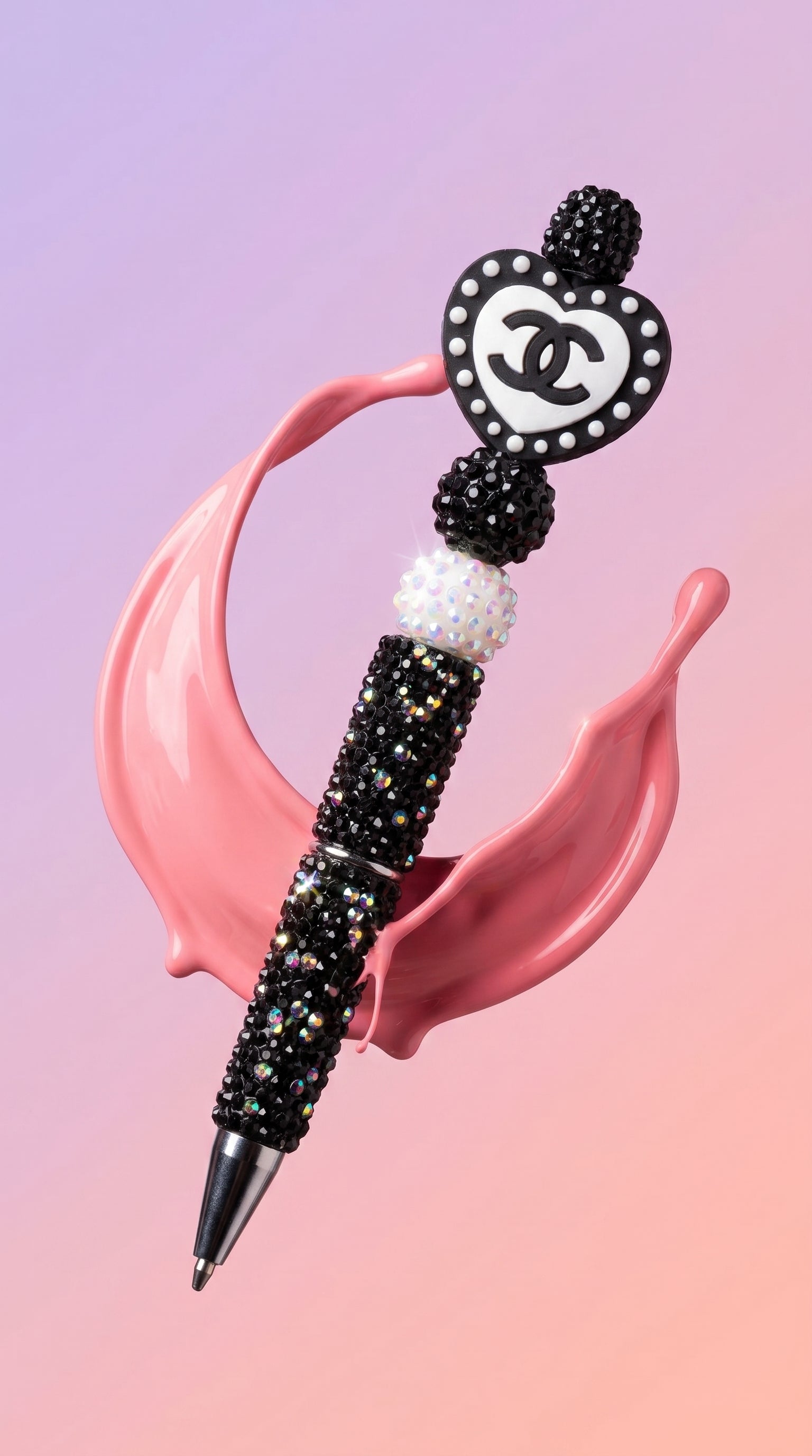 Decorative Heart Topper Ballpoint Pen, Plastic, Black Ink, Rhinestone Accents