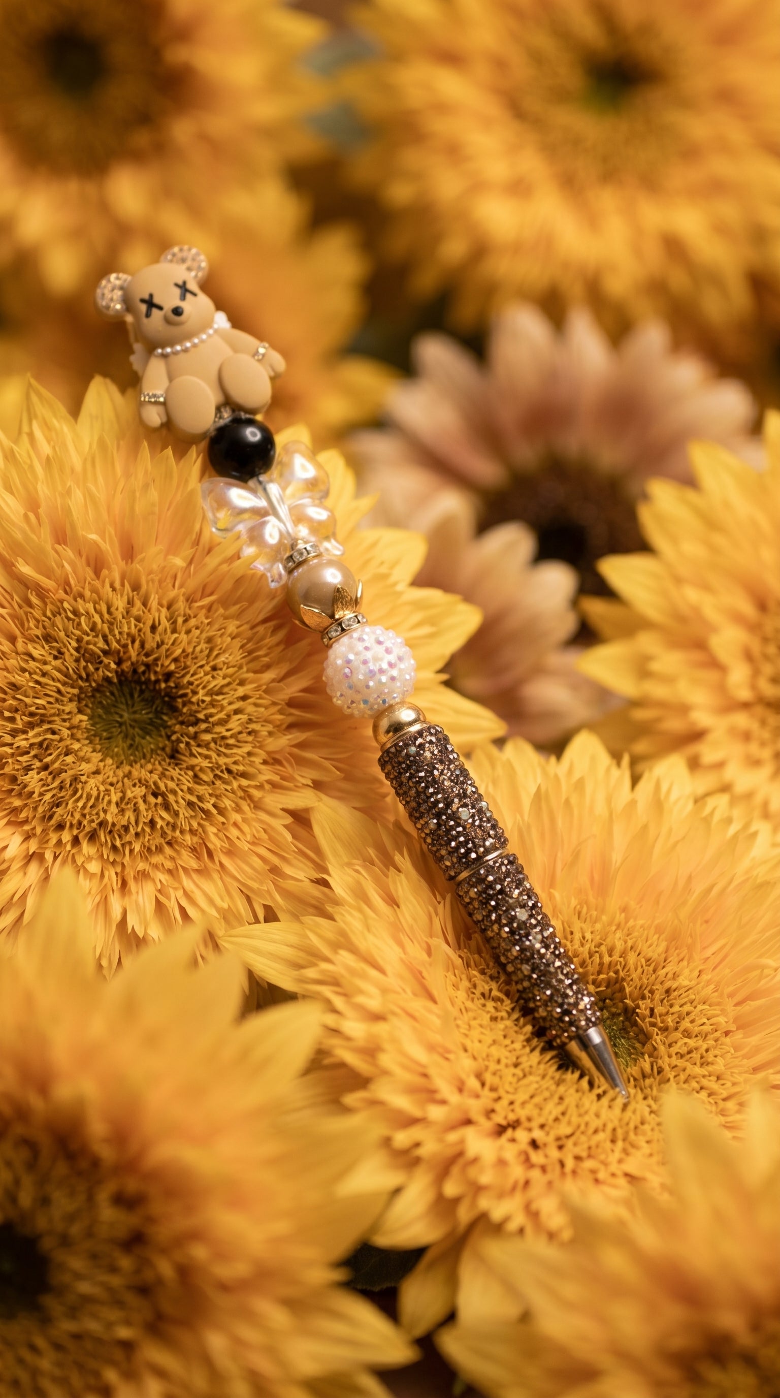 Handmade Bear Decorative Ballpoint Pen, Plastic, Black Ink, Beaded, Glitter