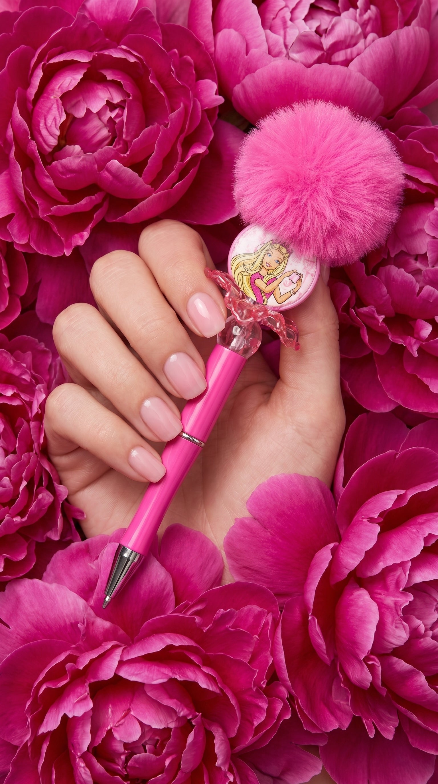 Collectible Ballpoint Pen Plastic Pink Ink Decorative Cartoon Character Pom