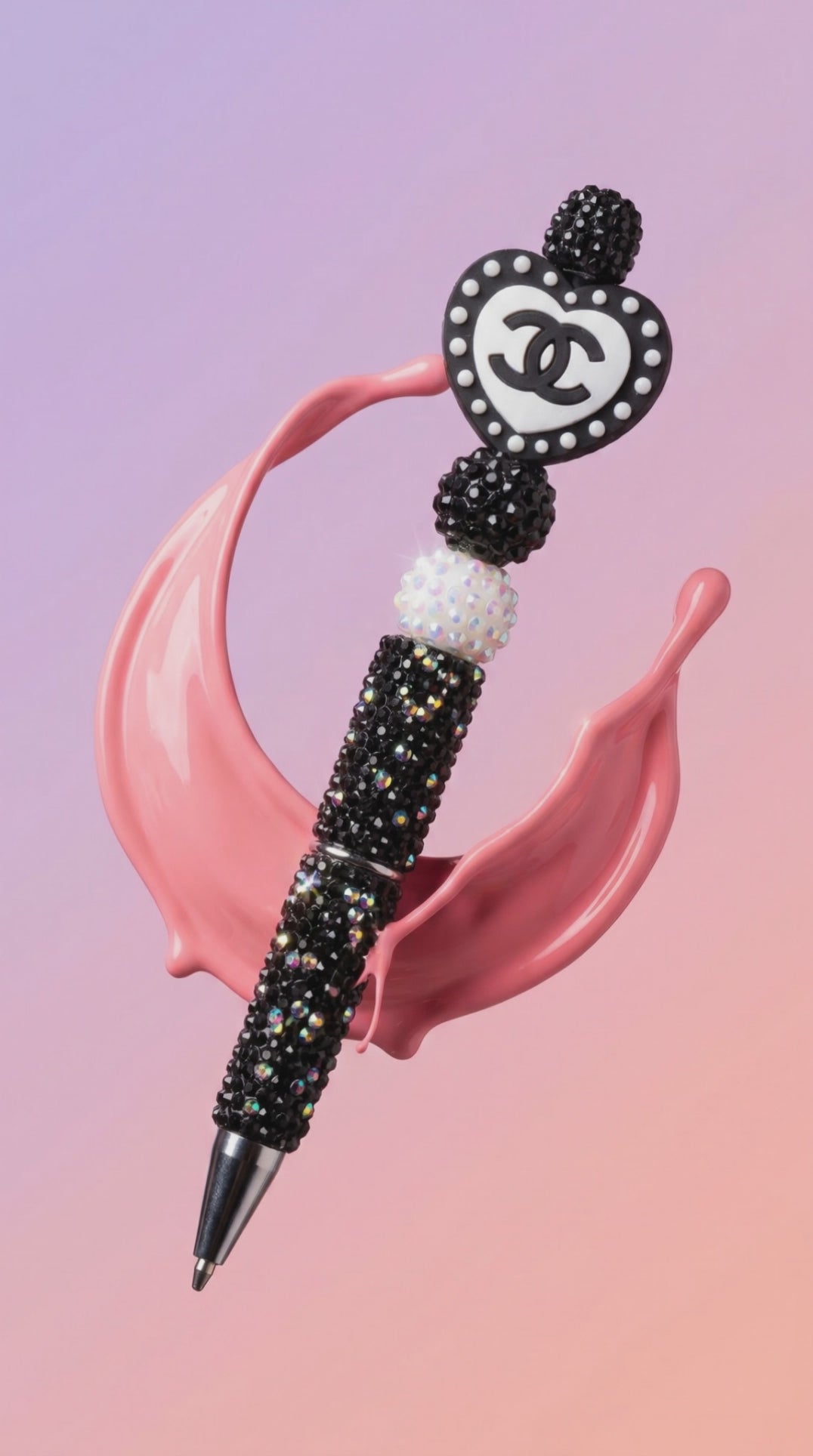 Decorative Heart Topper Ballpoint Pen, Plastic, Black Ink, Rhinestone Accents