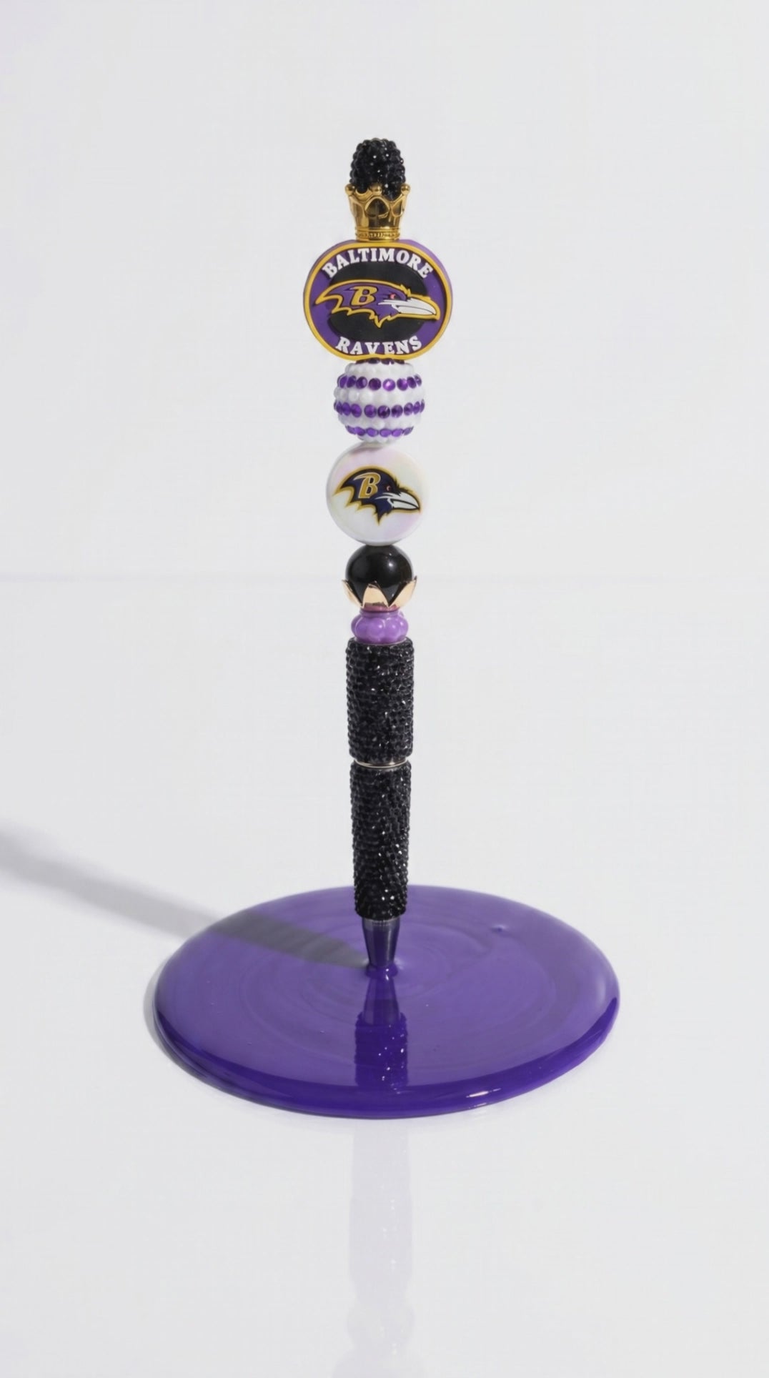 Baltimore Ravens Ballpoint Pen Plastic Black Ink Glitter Beaded Topper